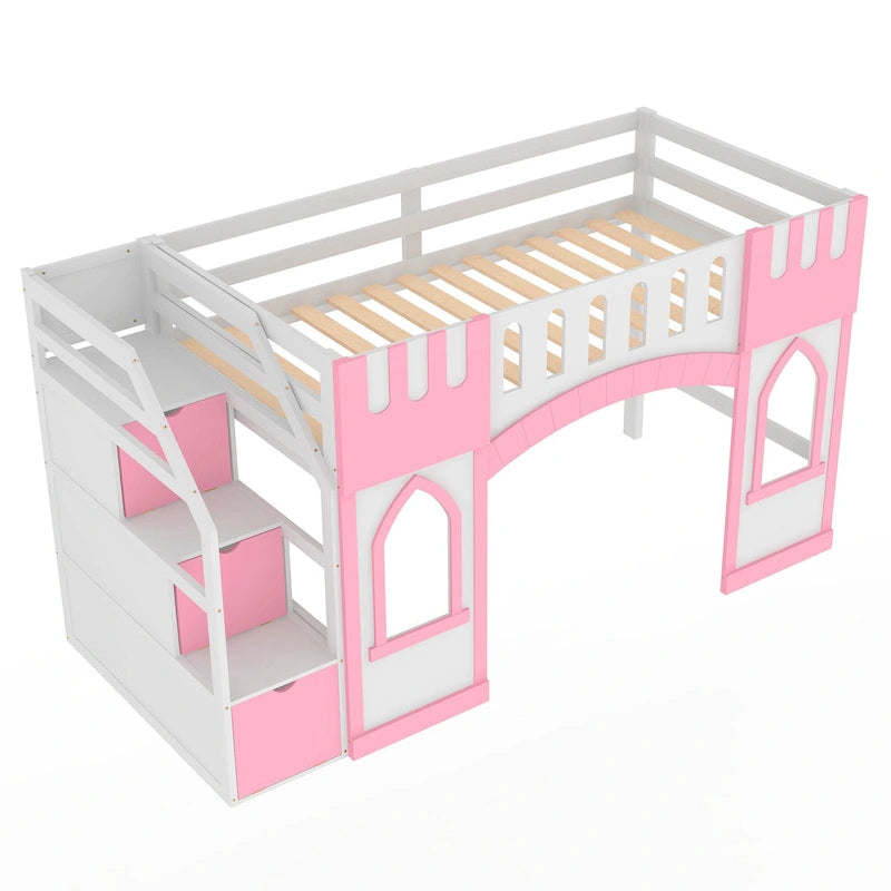 Lit mezzanine rose en bois massif avec escalier de rangement et fenêtre