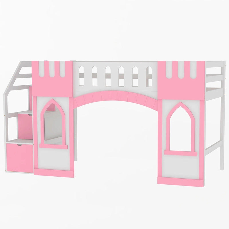 Lit mezzanine rose en bois massif avec escalier de rangement et fenêtre