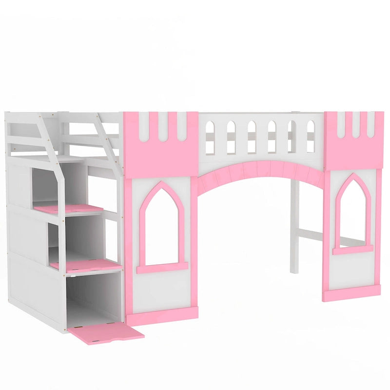 Lit mezzanine rose en bois massif avec escalier de rangement et fenêtre