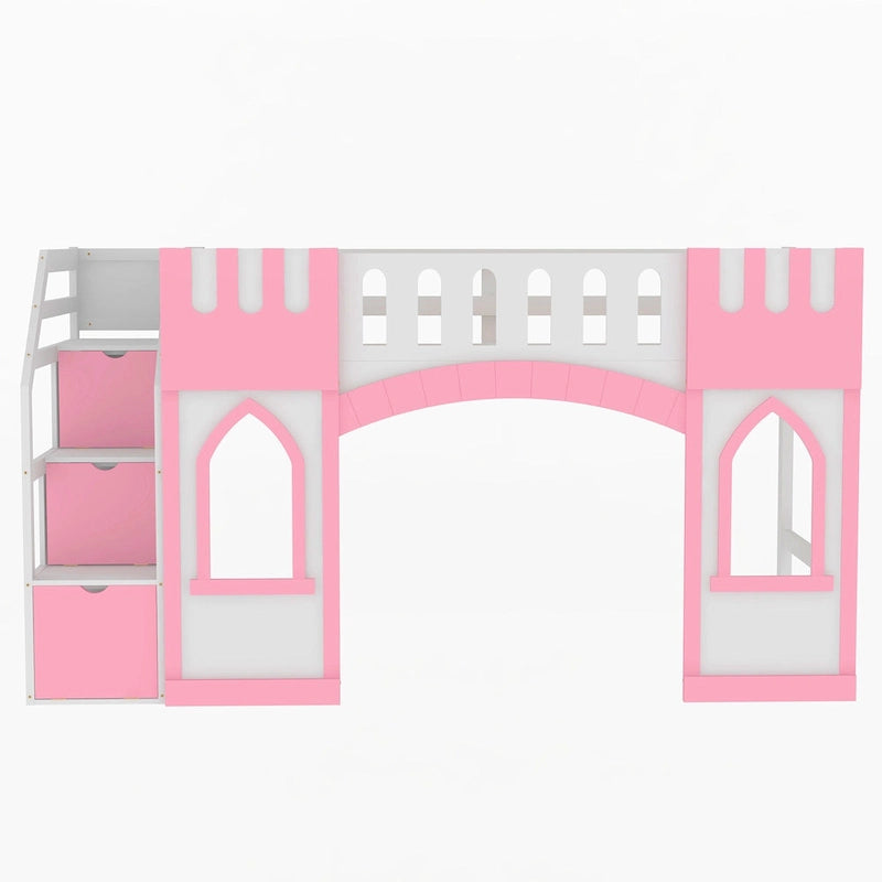 Lit mezzanine rose en bois massif avec escalier de rangement et fenêtre
