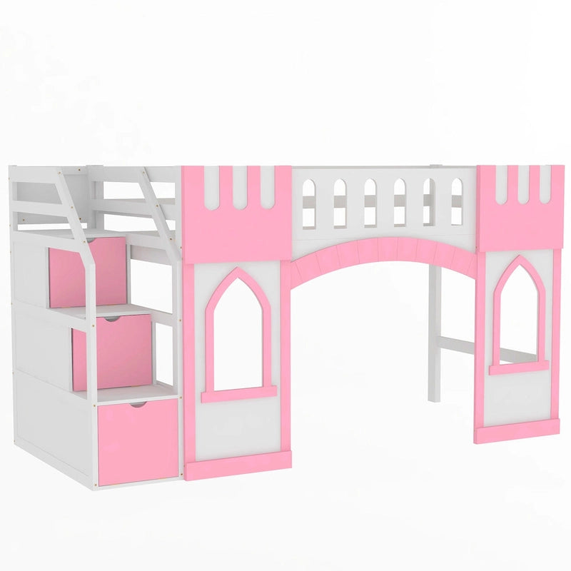 Lit mezzanine rose en bois massif avec escalier de rangement et fenêtre