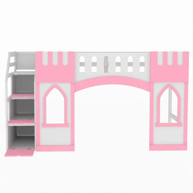 Lit mezzanine rose en bois massif avec escalier de rangement et fenêtre