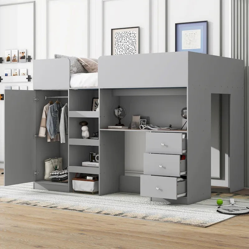 Lit mezzanine gris en bois massif avec armoire intégrée, bureau et étagères