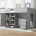 Lit mezzanine gris en bois massif avec armoire intégrée, bureau et étagères