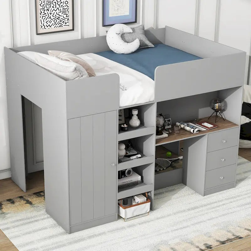 Lit mezzanine gris en bois massif avec armoire intégrée, bureau et étagères
