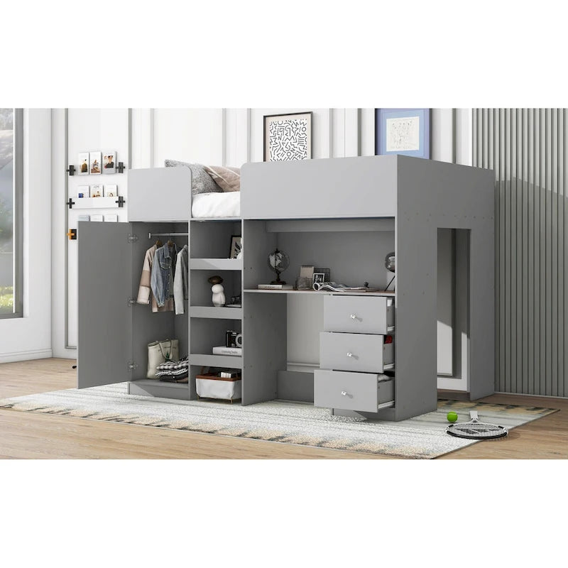 Lit mezzanine gris en bois massif avec armoire intégrée, bureau et étagères