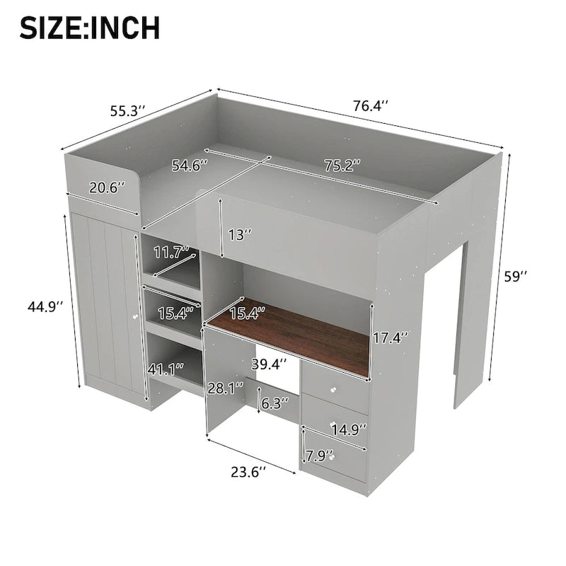 Lit mezzanine gris en bois massif avec armoire intégrée, bureau et étagères
