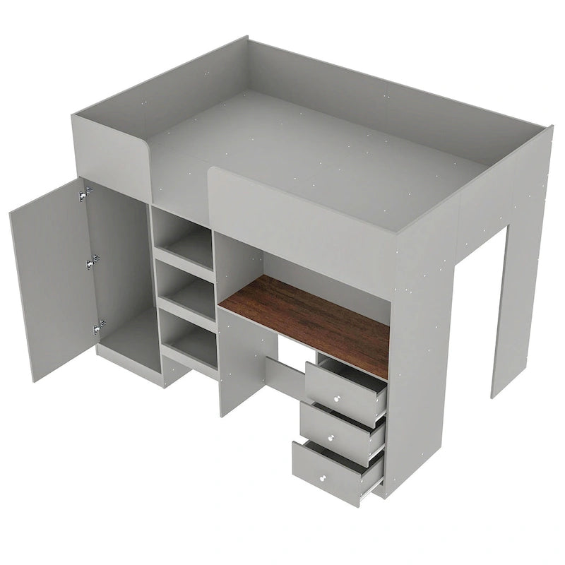 Lit mezzanine gris en bois massif avec armoire intégrée, bureau et étagères