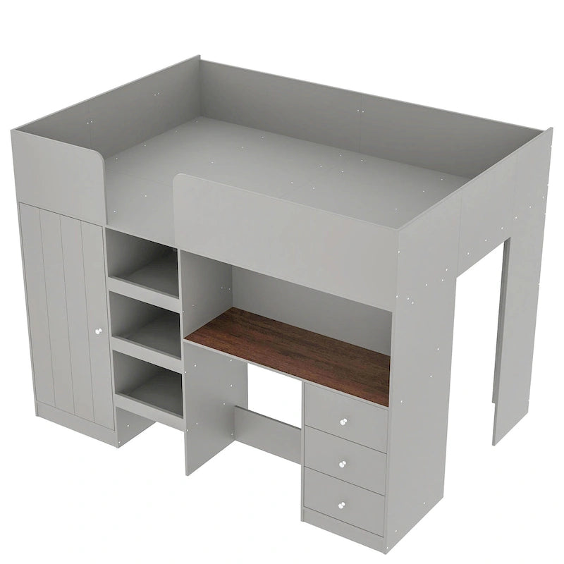 Lit mezzanine gris en bois massif avec armoire intégrée, bureau et étagères