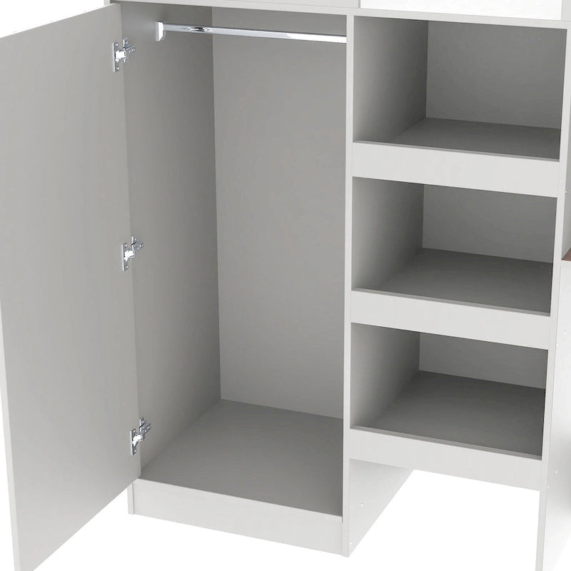 Lit mezzanine gris en bois massif avec armoire intégrée, bureau et étagères