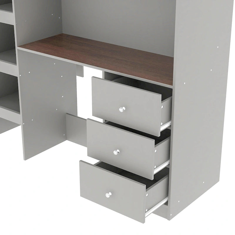Lit mezzanine gris en bois massif avec armoire intégrée, bureau et étagères