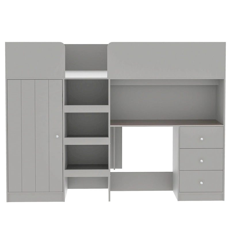Lit mezzanine gris en bois massif avec armoire intégrée, bureau et étagères