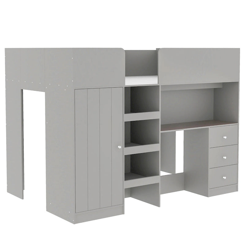 Lit mezzanine gris en bois massif avec armoire intégrée, bureau et étagères