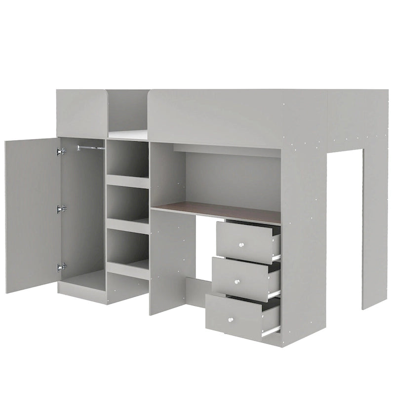 Lit mezzanine gris en bois massif avec armoire intégrée, bureau et étagères