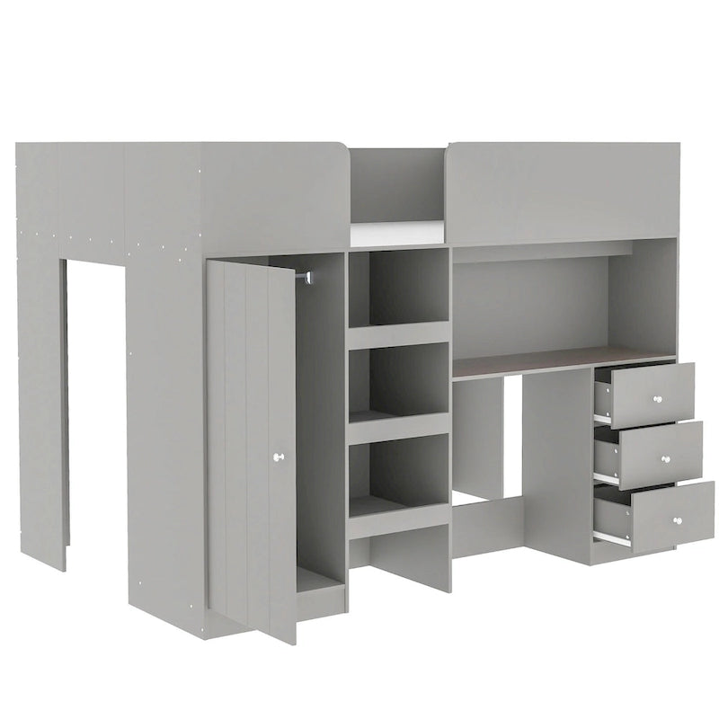Lit mezzanine gris en bois massif avec armoire intégrée, bureau et étagères