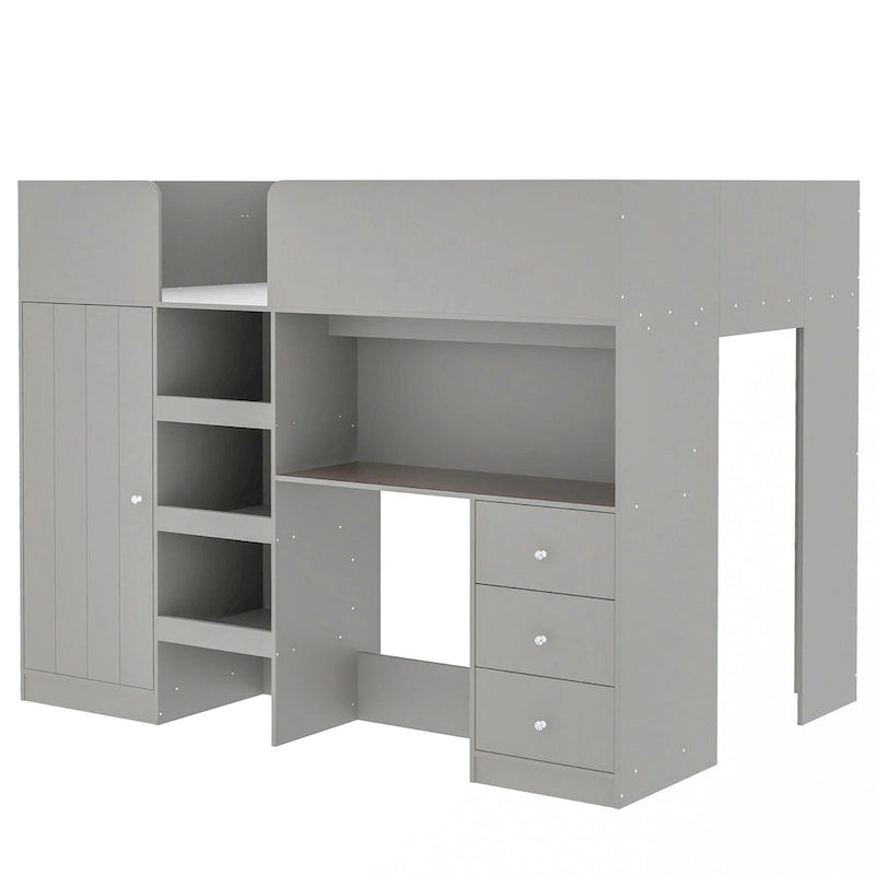 Lit mezzanine gris en bois massif avec armoire intégrée, bureau et étagères