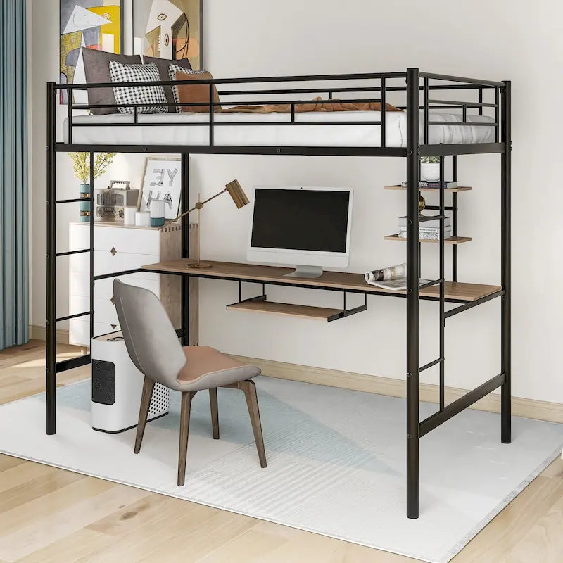 Lit mezzanine en métal noir avec bureau et étagère, taille jumeau, design peu encombrant