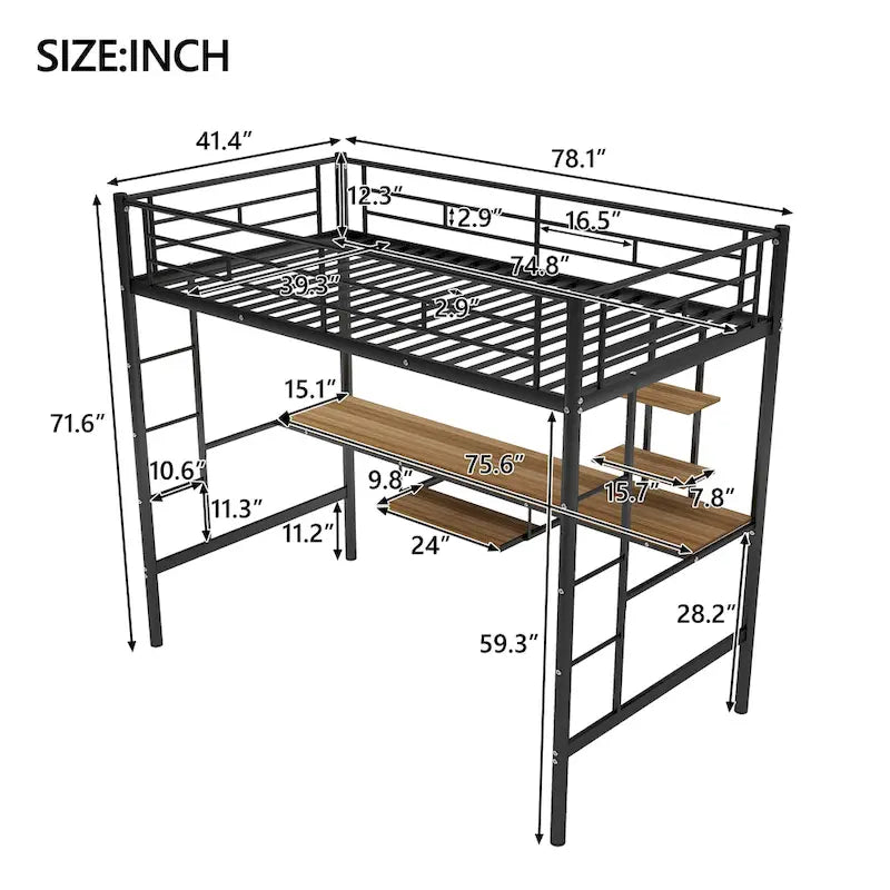 Lit mezzanine en métal noir avec bureau et étagère, taille jumeau, design peu encombrant