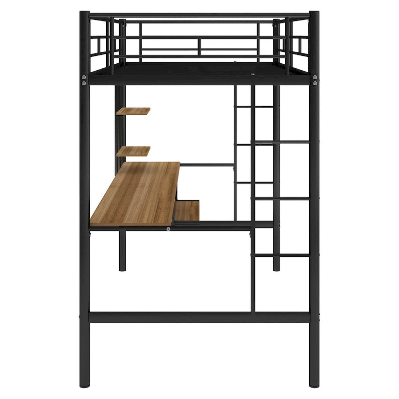 Lit mezzanine en métal noir avec bureau et étagère, taille jumeau, design peu encombrant