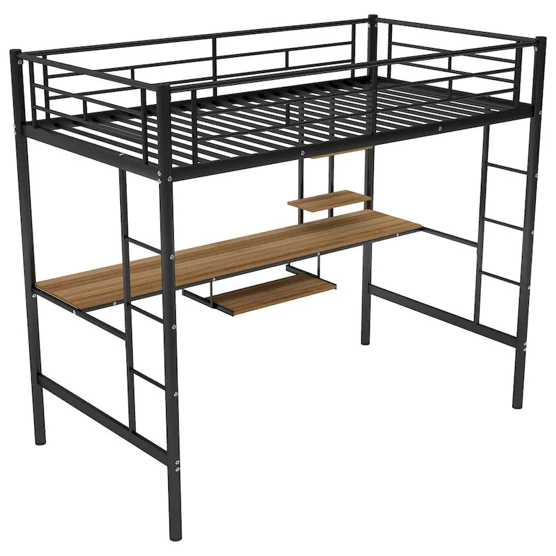 Lit mezzanine en métal noir avec bureau et étagère, taille jumeau, design peu encombrant