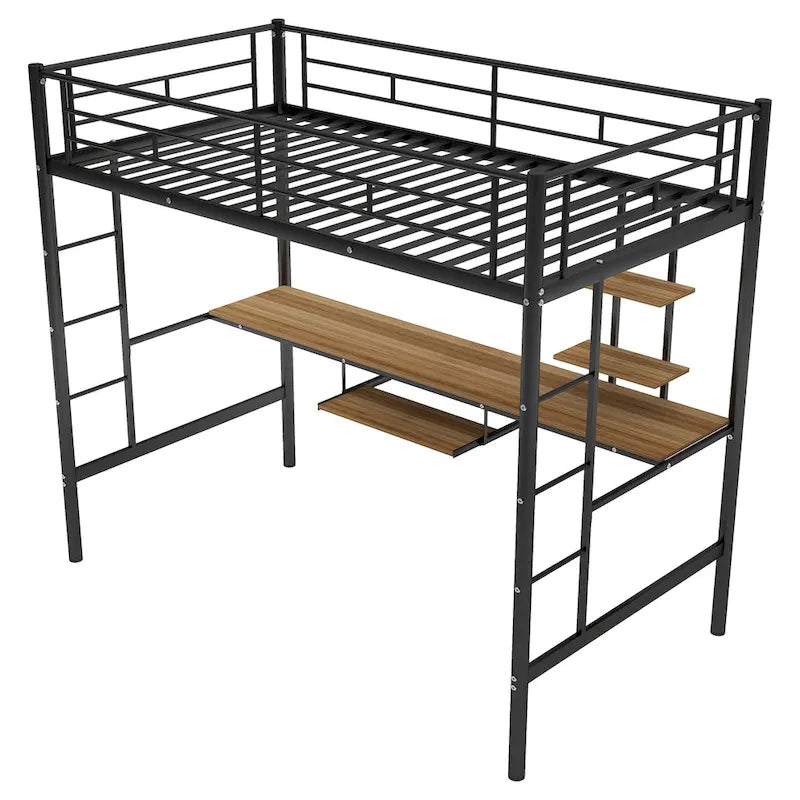 Lit mezzanine en métal noir avec bureau et étagère, taille jumeau, design peu encombrant