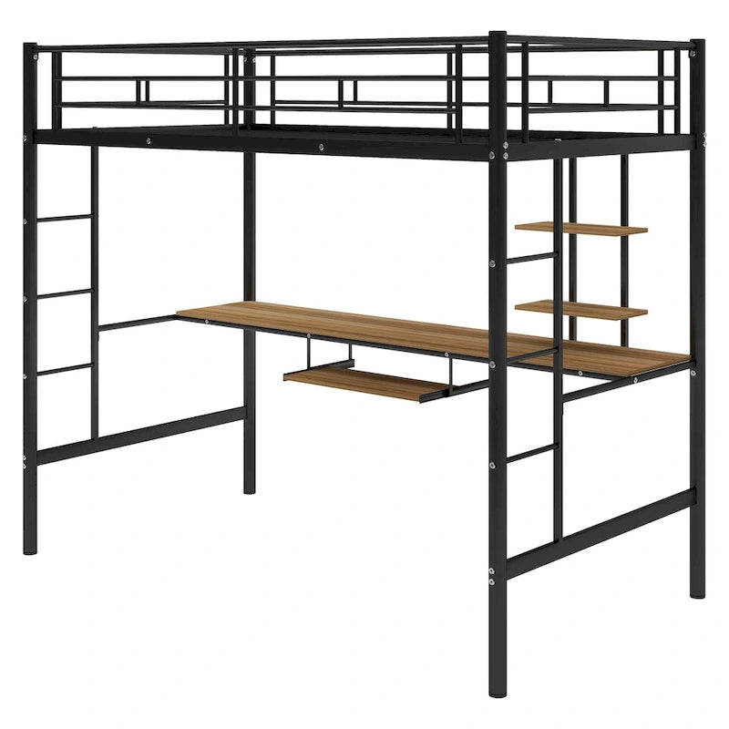 Lit mezzanine en métal noir avec bureau et étagère, taille jumeau, design peu encombrant