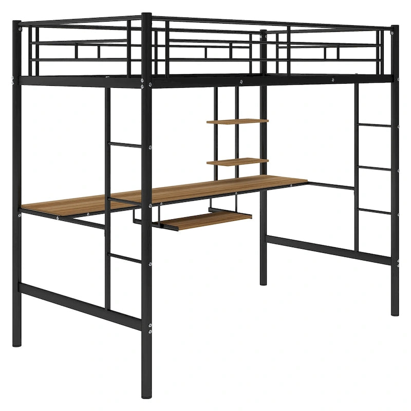 Lit mezzanine en métal noir avec bureau et étagère, taille jumeau, design peu encombrant