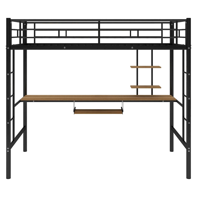 Lit mezzanine en métal noir avec bureau et étagère, taille jumeau, design peu encombrant