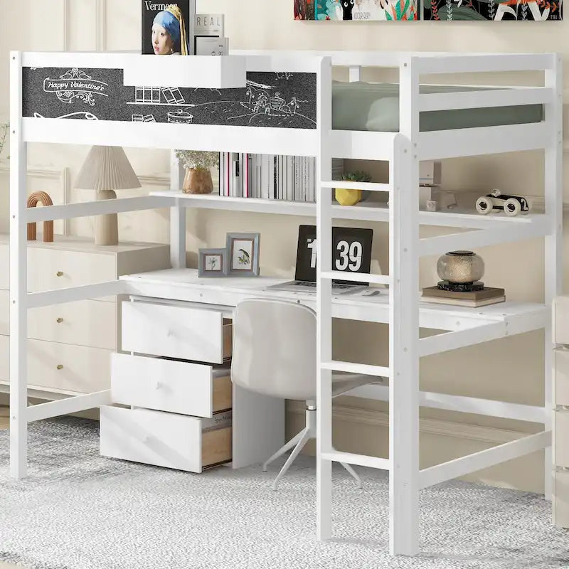 Lit mezzanine blanc en bois massif avec bureau, tableau noir et rangements, taille double