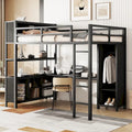Lit mezzanine en métal noir pleine grandeur avec armoire, bureau en L et cubes de rangement