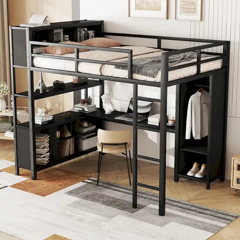 Lit mezzanine en métal noir pleine grandeur avec armoire, bureau en L et cubes de rangement