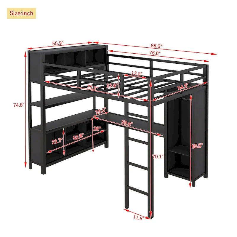 Lit mezzanine en métal noir pleine grandeur avec armoire, bureau en L et cubes de rangement