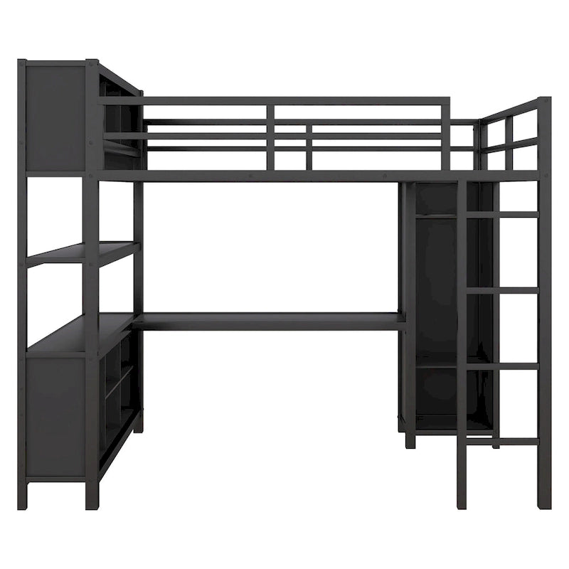 Lit mezzanine en métal noir pleine grandeur avec armoire, bureau en L et cubes de rangement
