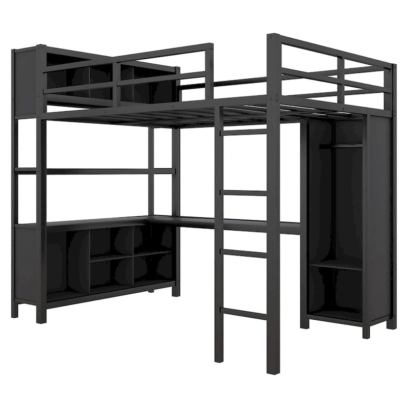 Lit mezzanine en métal noir pleine grandeur avec armoire, bureau en L et cubes de rangement