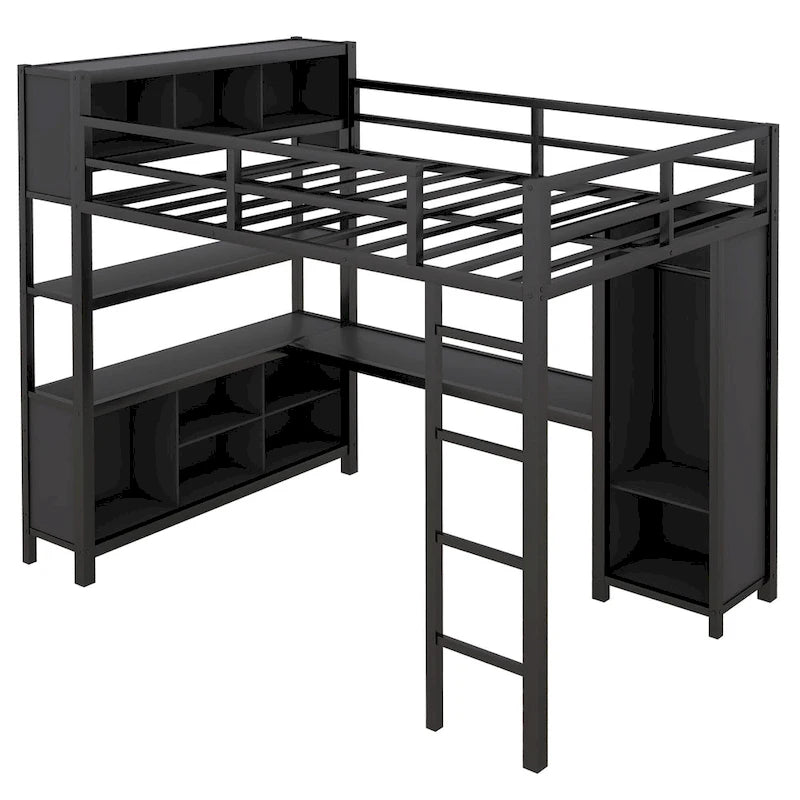 Lit mezzanine en métal noir pleine grandeur avec armoire, bureau en L et cubes de rangement
