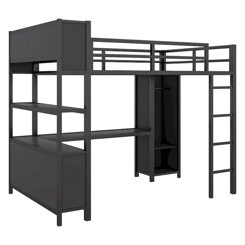 Lit mezzanine en métal noir pleine grandeur avec armoire, bureau en L et cubes de rangement