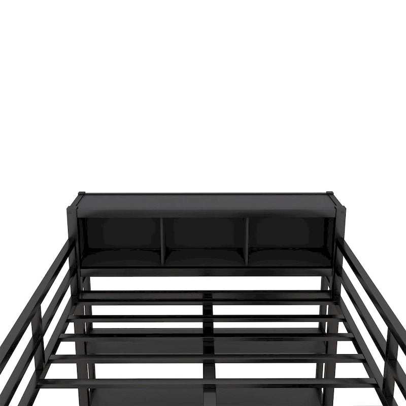 Lit mezzanine en métal noir pleine grandeur avec armoire, bureau en L et cubes de rangement