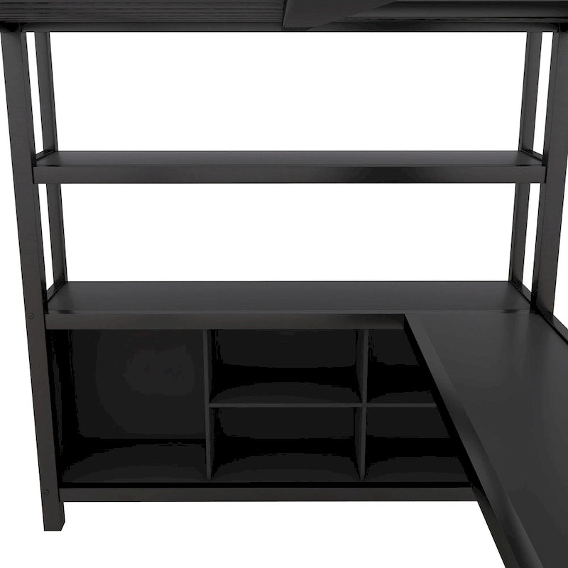 Lit mezzanine en métal noir pleine grandeur avec armoire, bureau en L et cubes de rangement