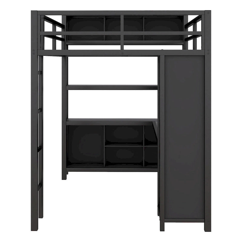 Lit mezzanine en métal noir pleine grandeur avec armoire, bureau en L et cubes de rangement