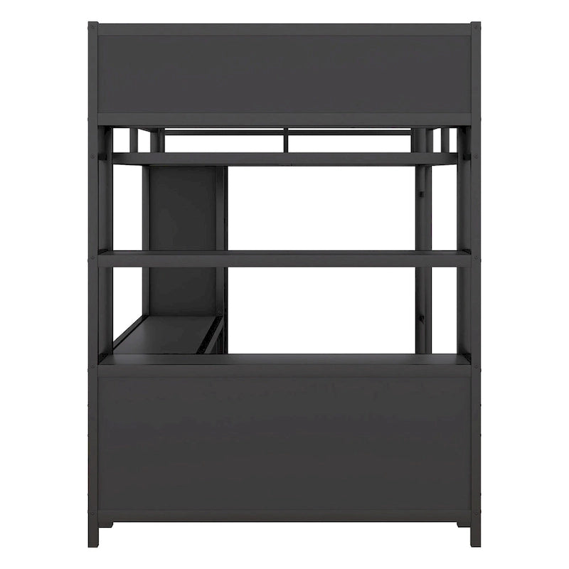 Lit mezzanine en métal noir pleine grandeur avec armoire, bureau en L et cubes de rangement