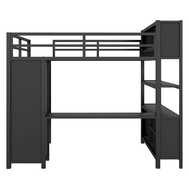 Lit mezzanine en métal noir pleine grandeur avec armoire, bureau en L et cubes de rangement