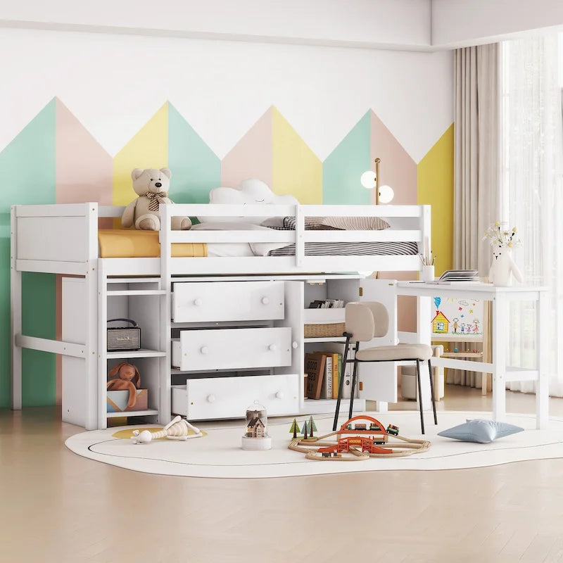 Lit cabane double bas en bois blanc avec bureau coulissant