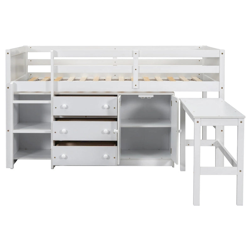 Lit cabane double bas en bois blanc avec bureau coulissant