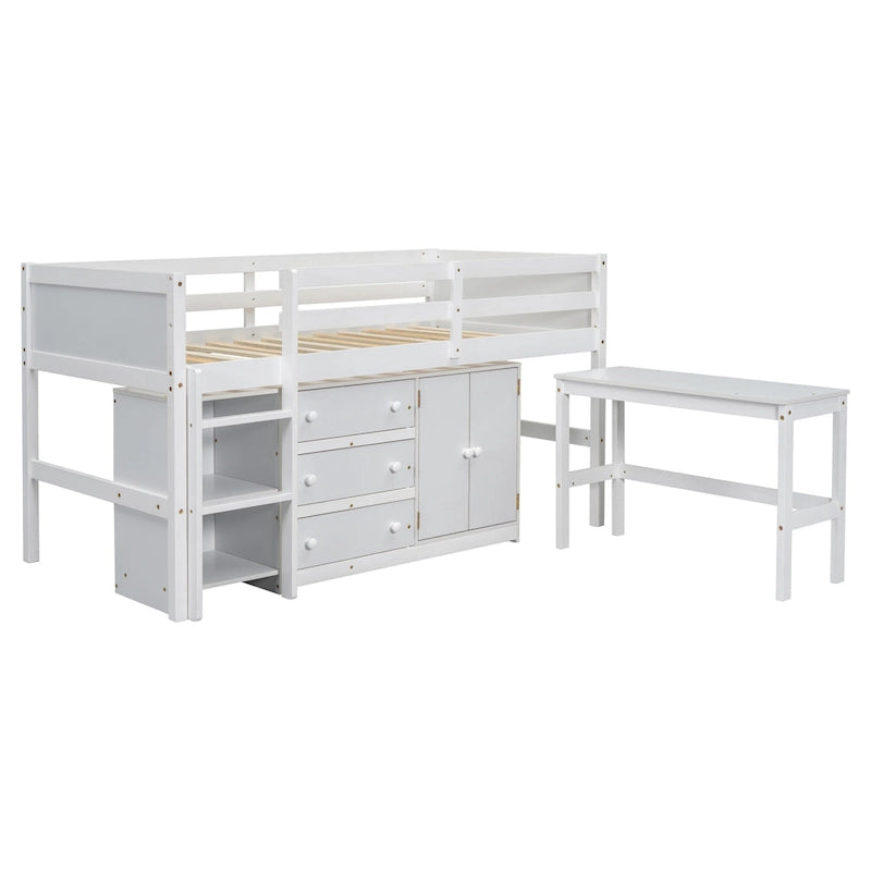 Lit cabane double bas en bois blanc avec bureau coulissant