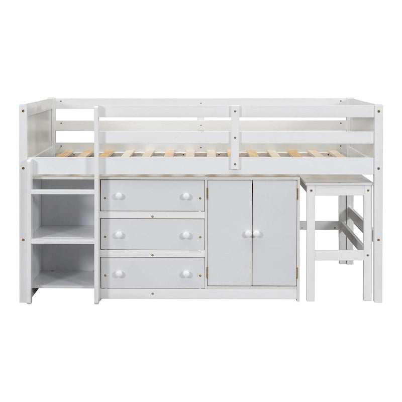 Lit cabane double bas en bois blanc avec bureau coulissant
