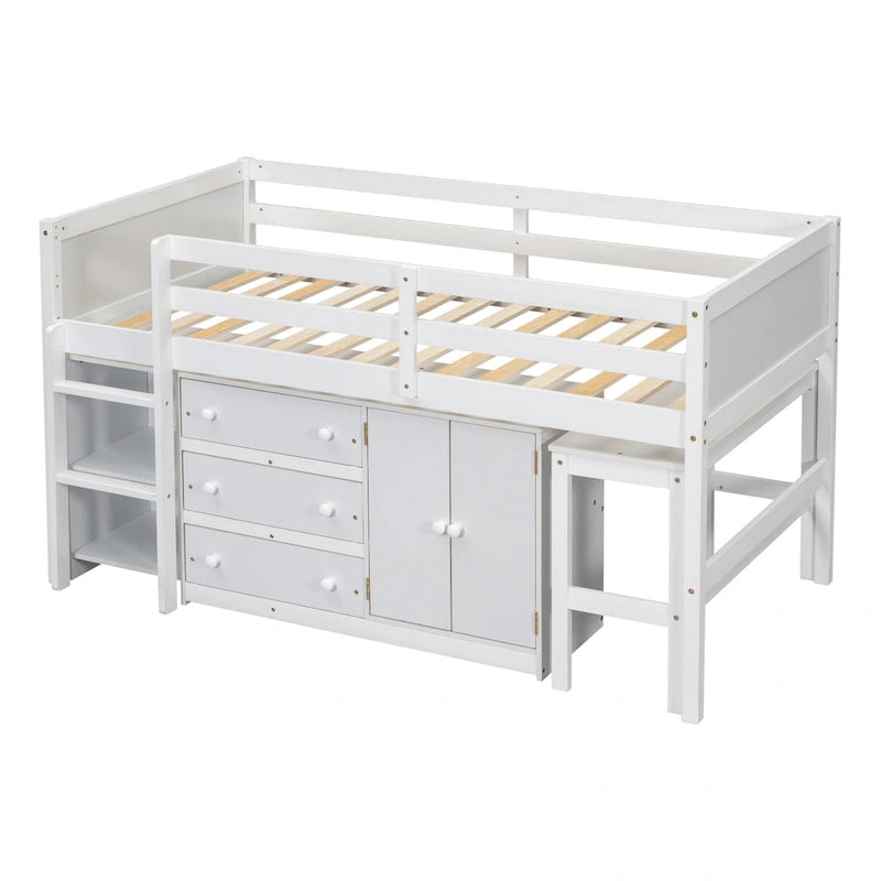 Lit cabane double bas en bois blanc avec bureau coulissant