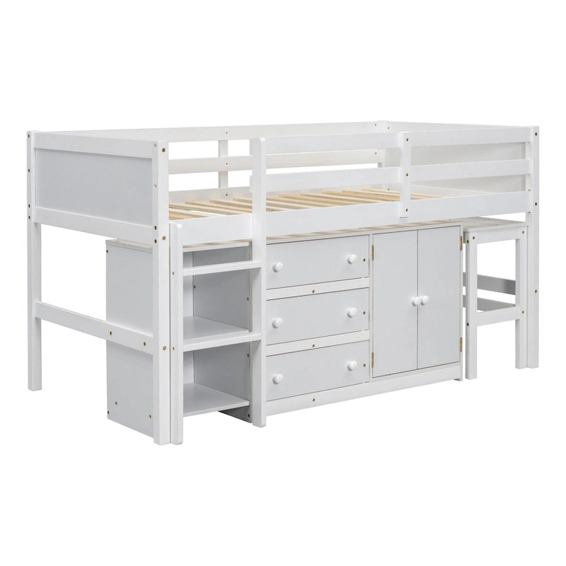Lit cabane double bas en bois blanc avec bureau coulissant