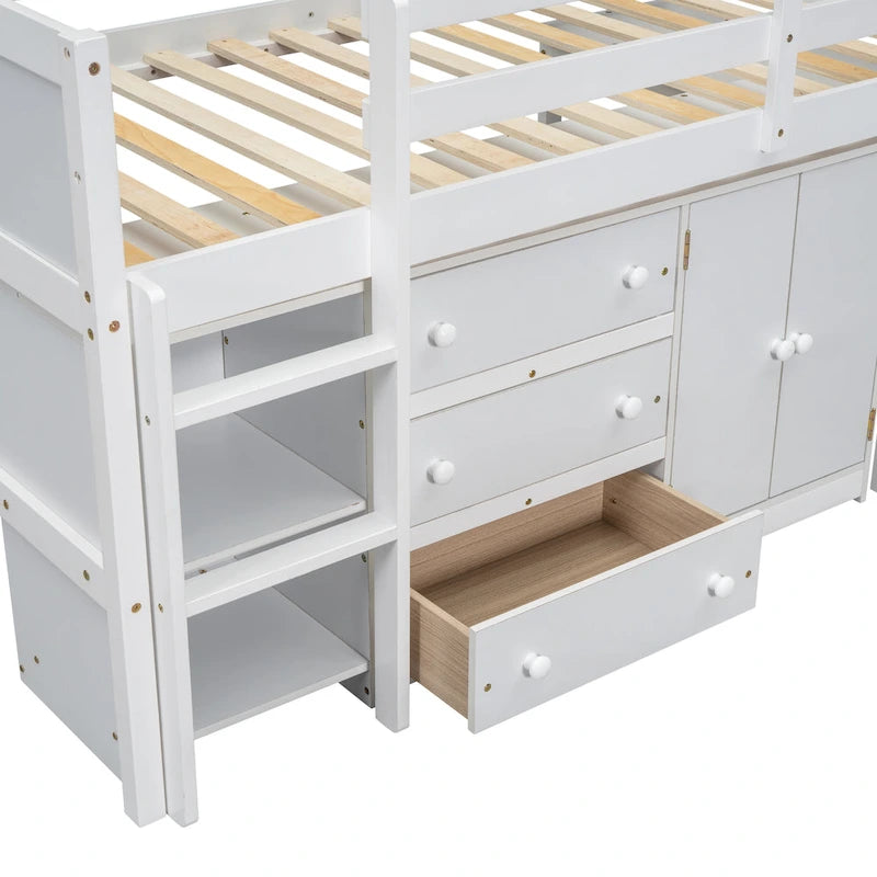 Lit cabane double bas en bois blanc avec bureau coulissant