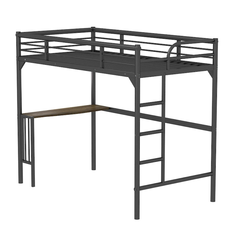Lit mezzanine en métal noir de taille double avec bureau et garde-corps