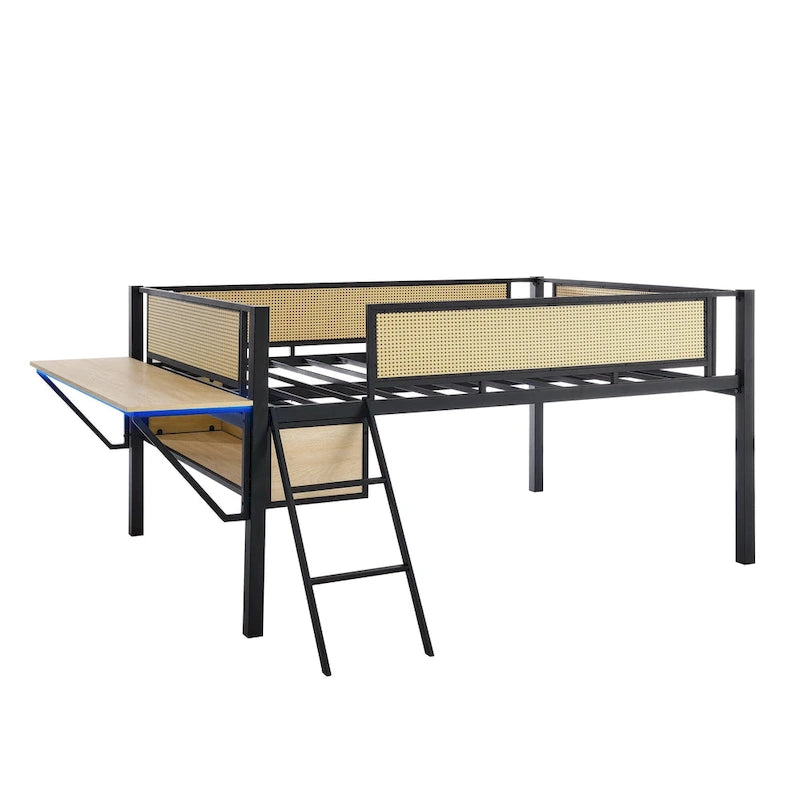 Lit mezzanine en métal pleine grandeur noir et naturel avec bureau rectangulaire et rangement